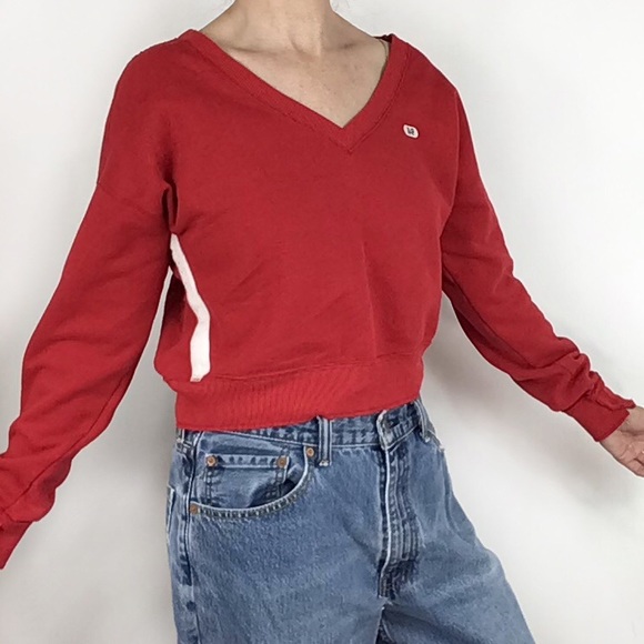 Abercrombie y2k oversized v-neck red sweatshirt patch logo 90s cropped - Picture 3 of 5